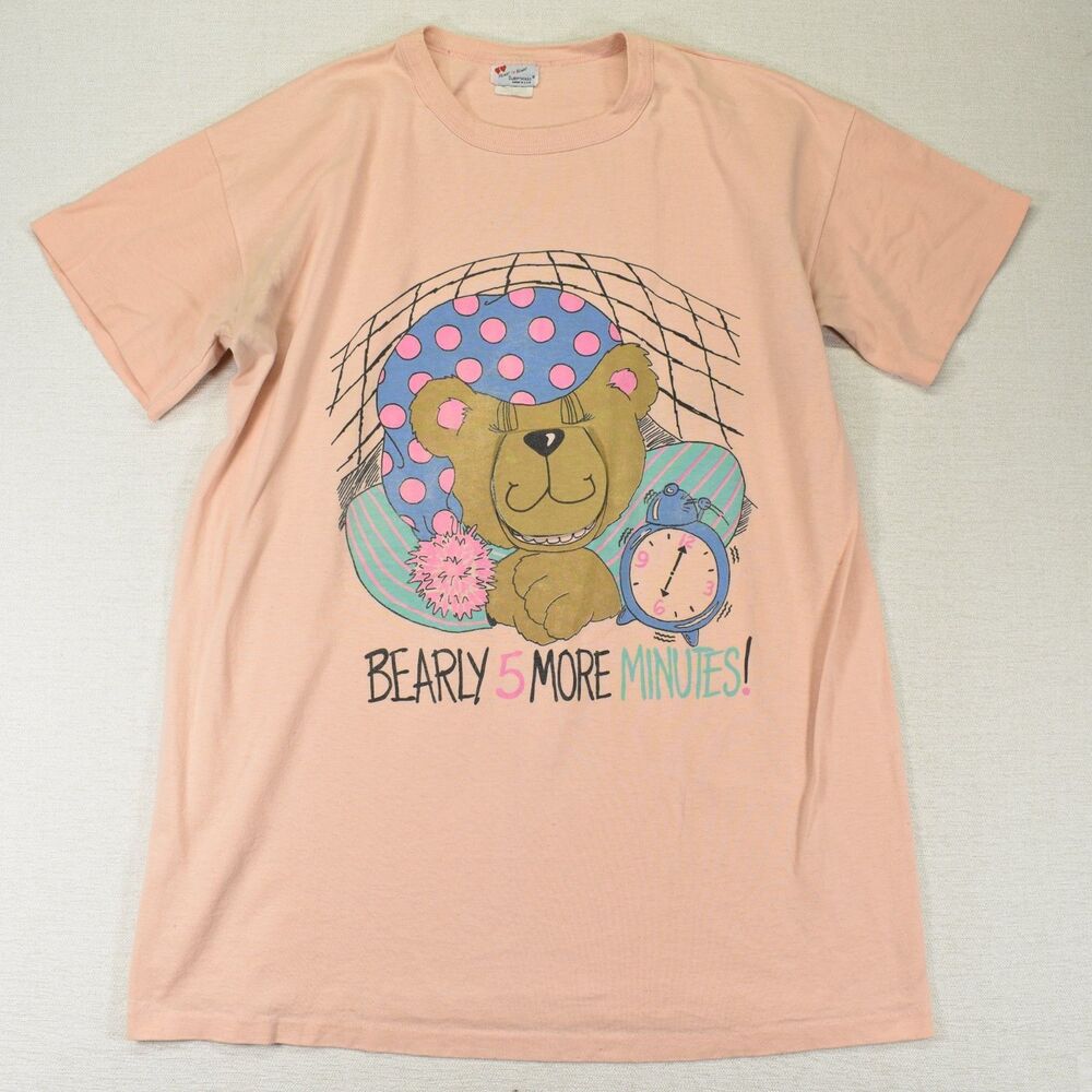 VTG 80s 90s Heart To Heart Bearly 5 More Minutes Yawn Sleep Shirt Sleepshirt OS
